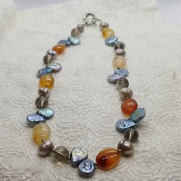 Stone Necklace Multiple Grey Yellow Blue Stones Necklace - Picture 3 of 12